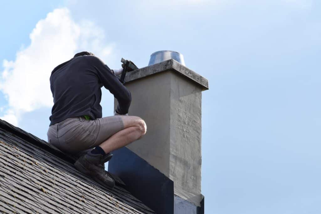 roofer working on chimney roof flashing, making sure it is installed properly in order for it to last a long time