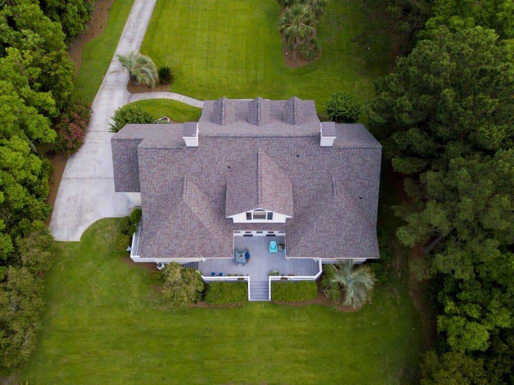 aerial photo of a new shingle roof on a residential property