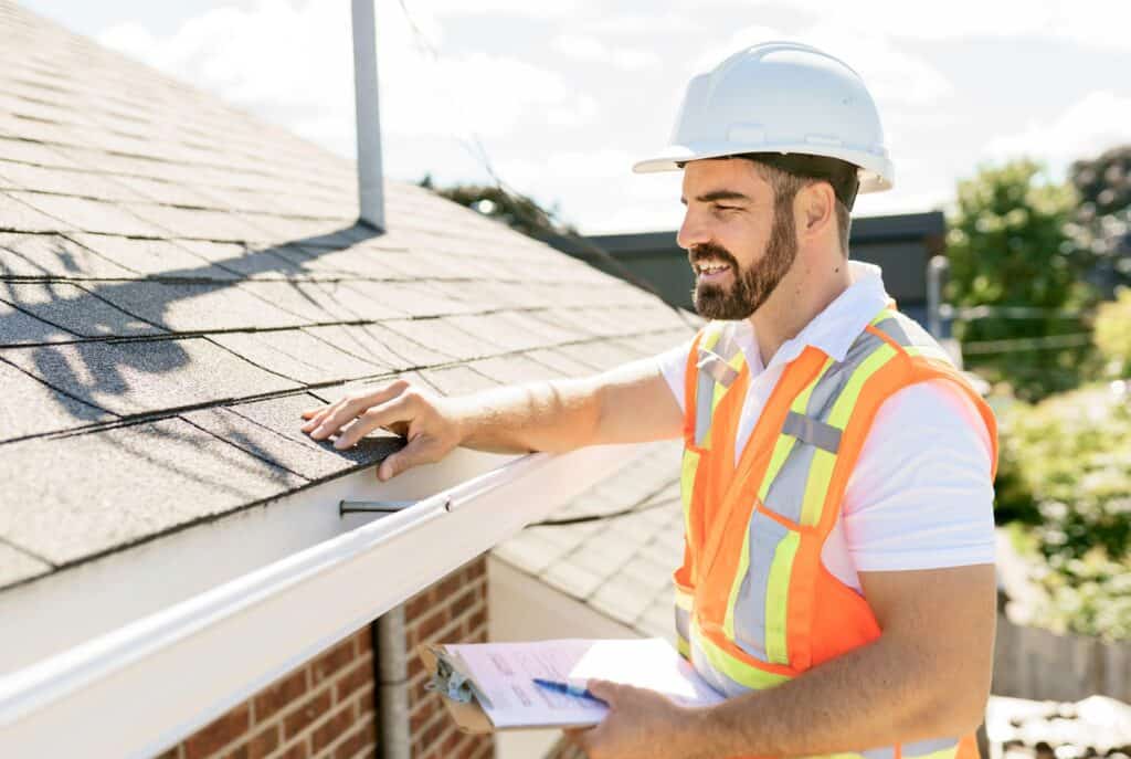 A man in a hard hat, holding a clipboard, standing on the steps of an old rundown house.