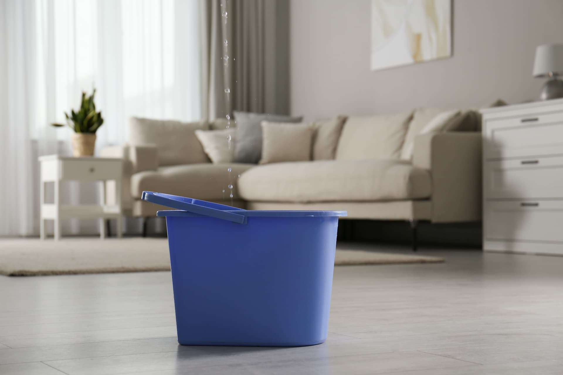 roof leaking into a blue bucket