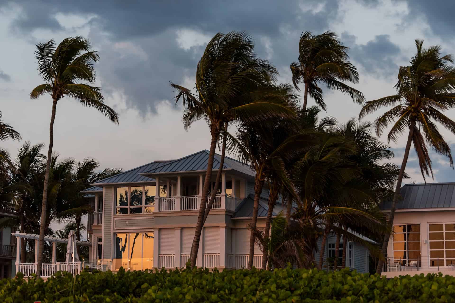 florida home with strong winds blowing palm trees